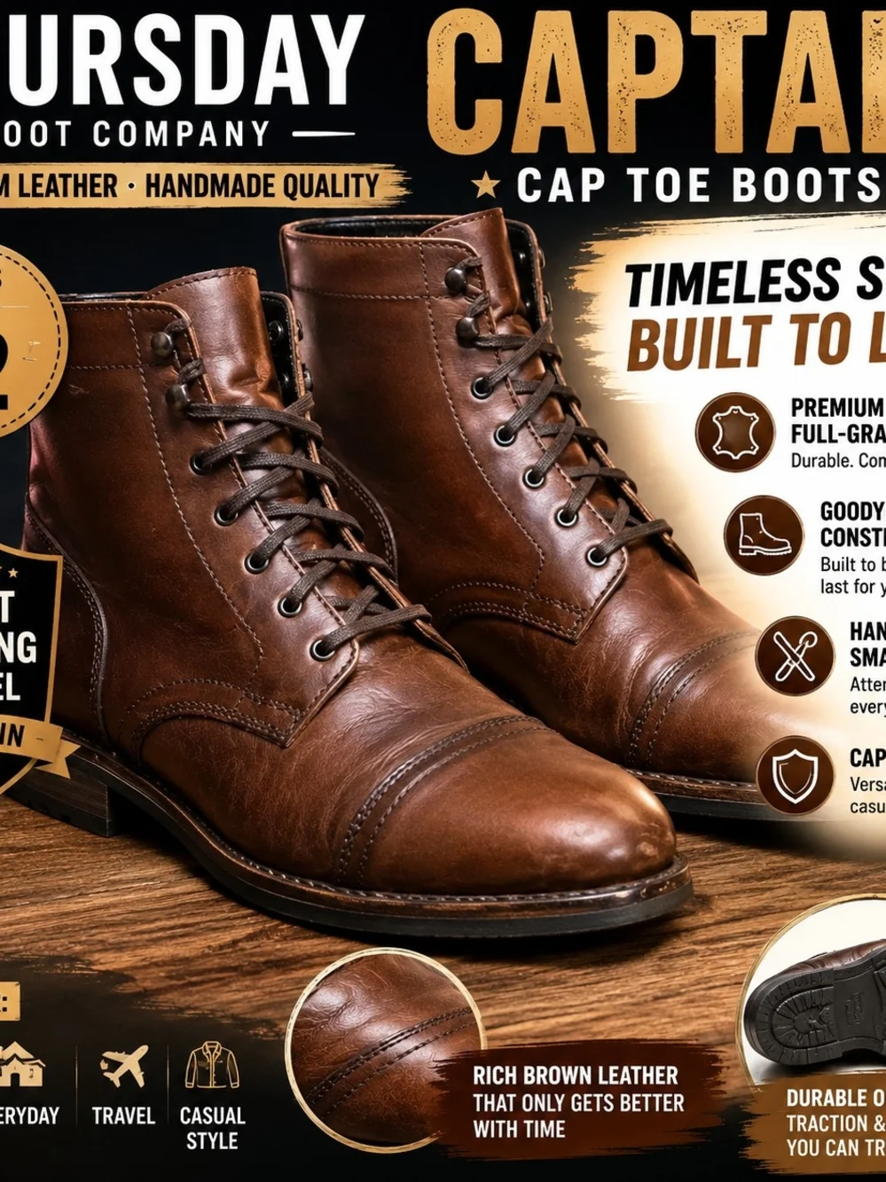 Thursday Boot Company Captain Boots Men's Size 12 Brown Leather Cap Toe Lace Up
